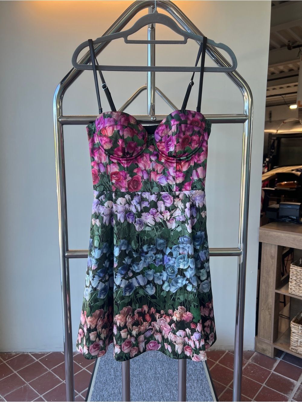 Fleur du Mal Silk Sweetheart FitFlare 4 Pink Floral Dress Leather Removbl Straps - Picture 3 of 11